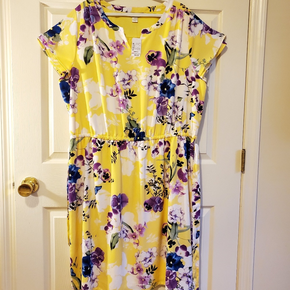 CJ Banks Dress - Plus Size 2x, Midi, Yellow, Foral